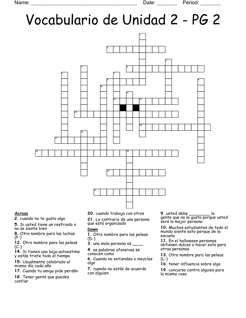 Vocabulario de Unidad 2 - PG 2 Crossword