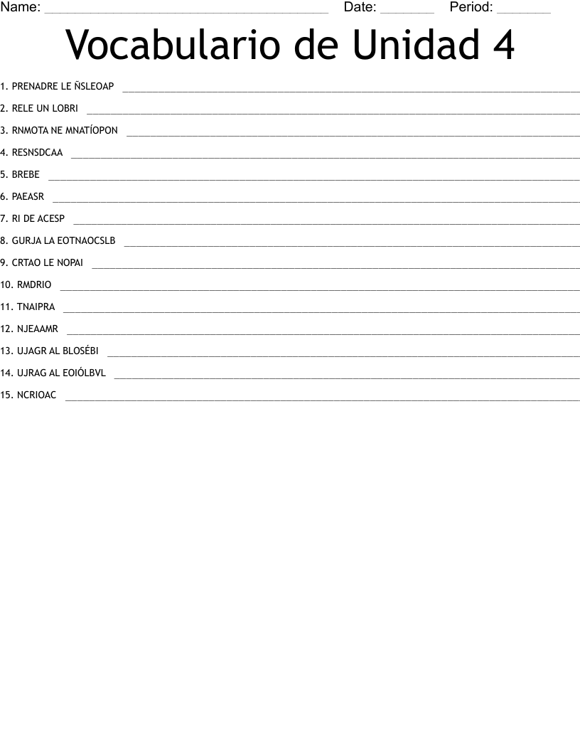 Vocabulario de Unidad 4 Word Scramble