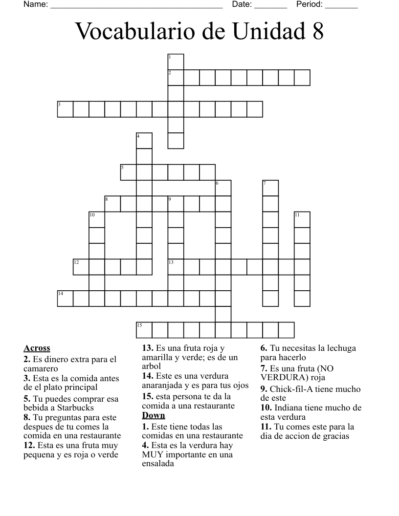 Vocabulario de Unidad 8 Crossword