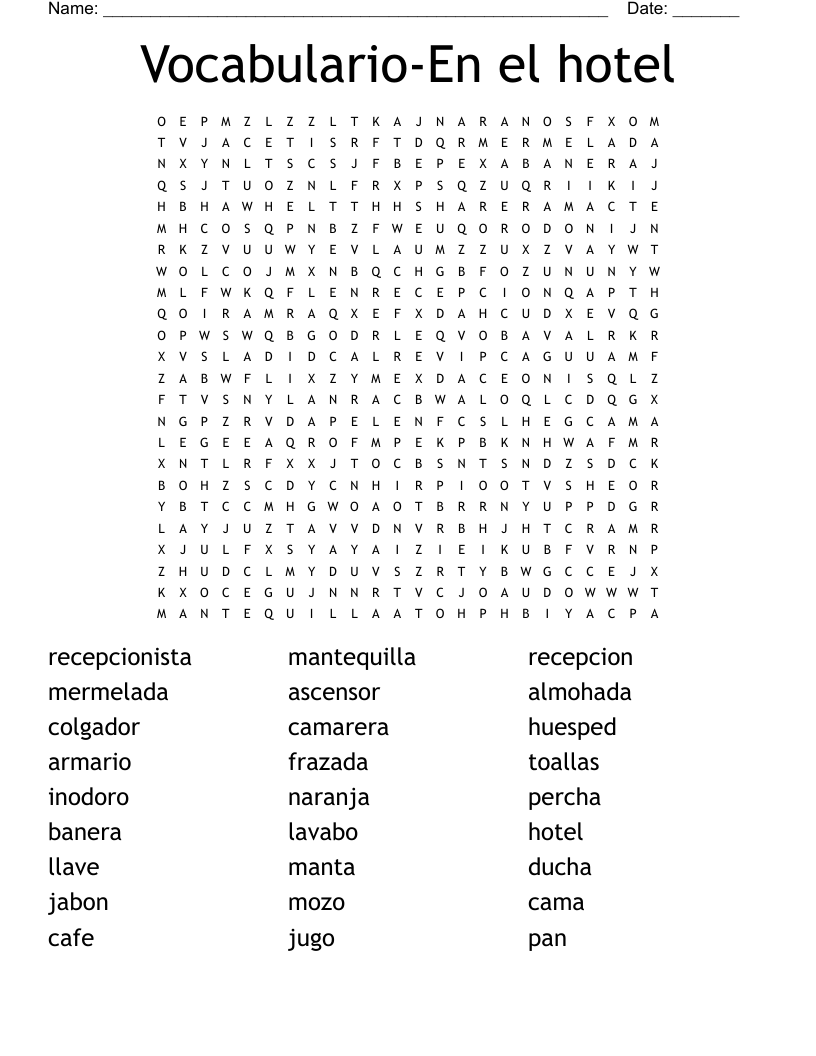 Vocabulario-En el hotel Word Search