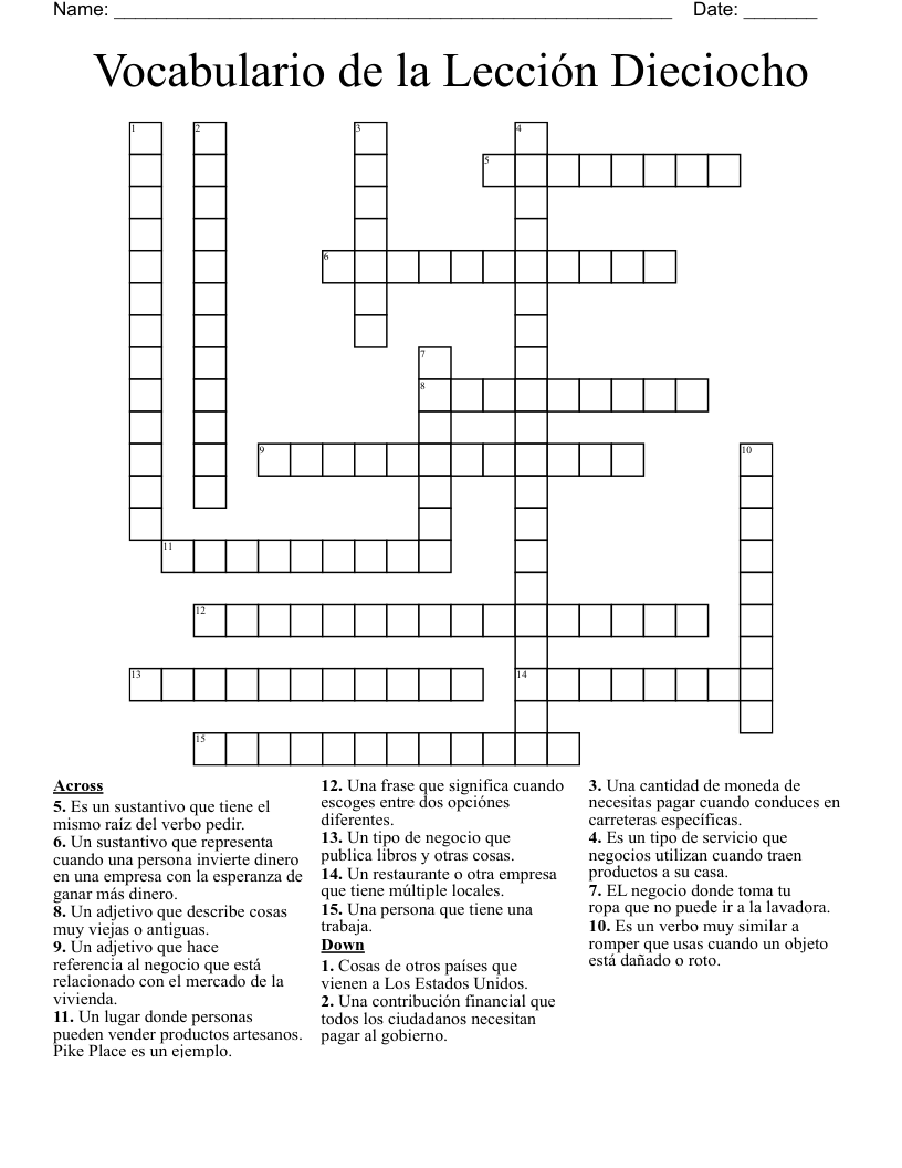 Vocabulario de la Lección Dieciocho Crossword