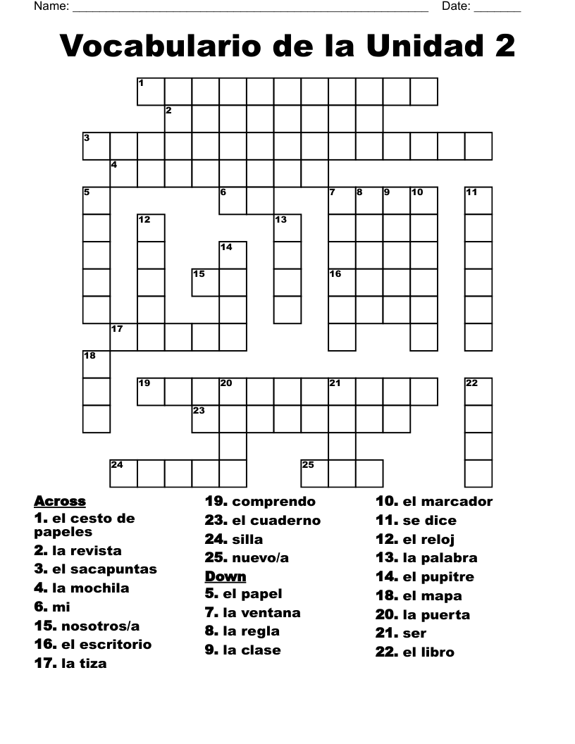 Vocabulario de la Unidad 2 Crossword