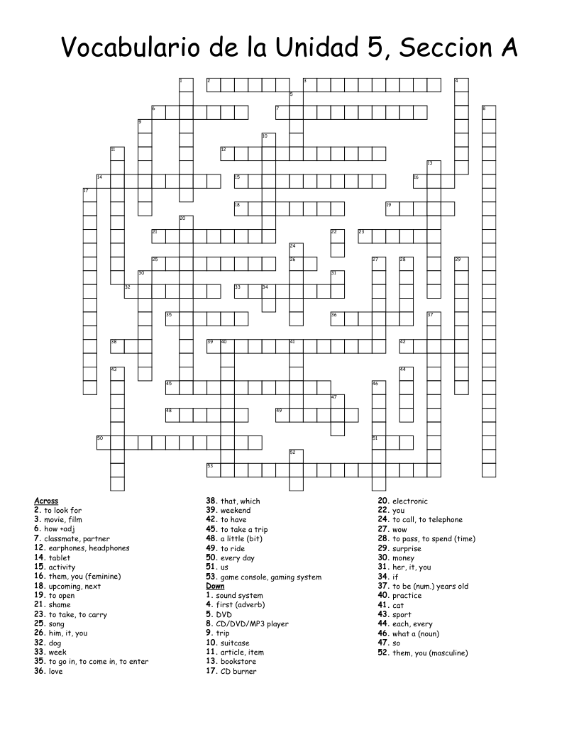 Vocabulario de la Unidad 5, Seccion A Crossword