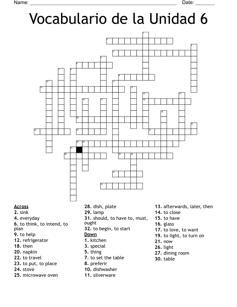 Vocabulario de la Unidad 6 Crossword