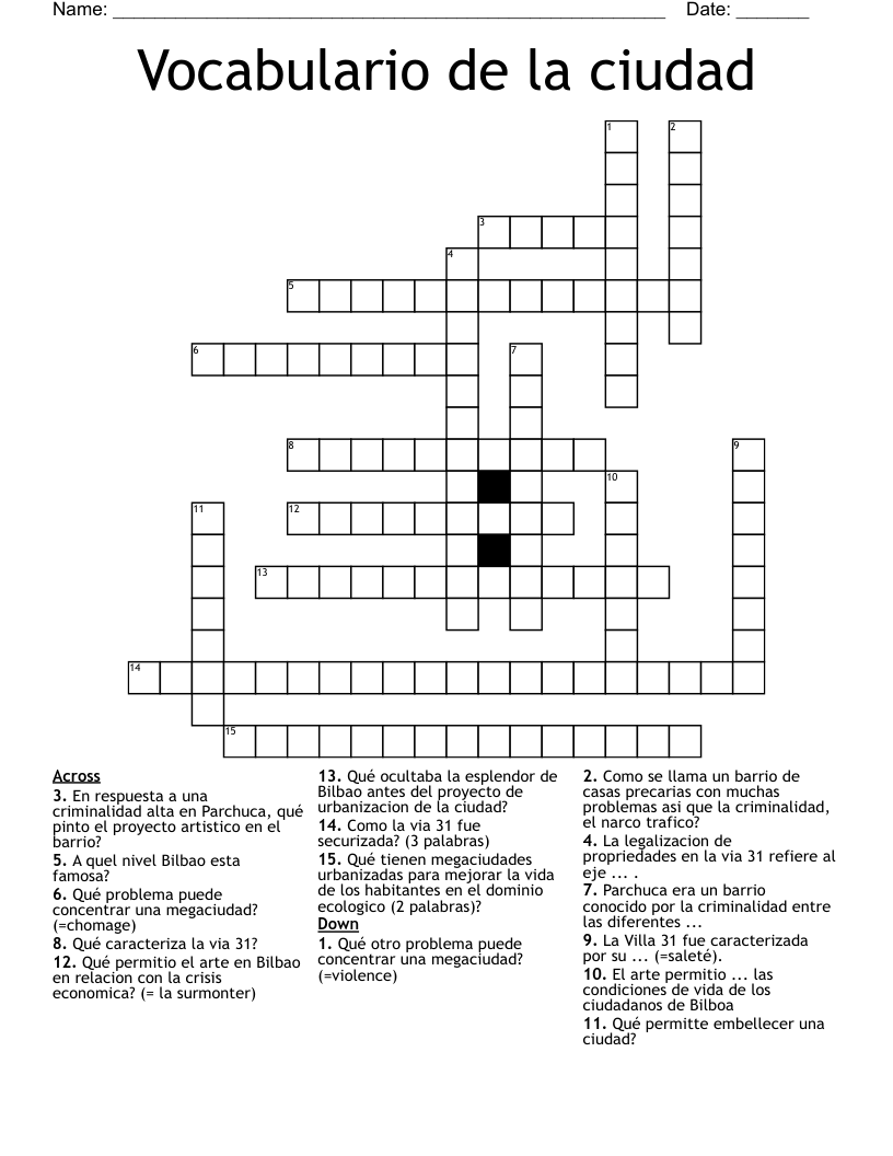 Vocabulario de la ciudad Crossword