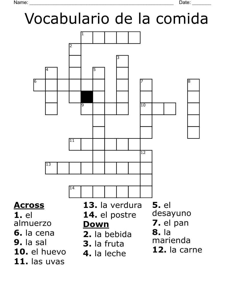 Vocabulario de la comida Crossword