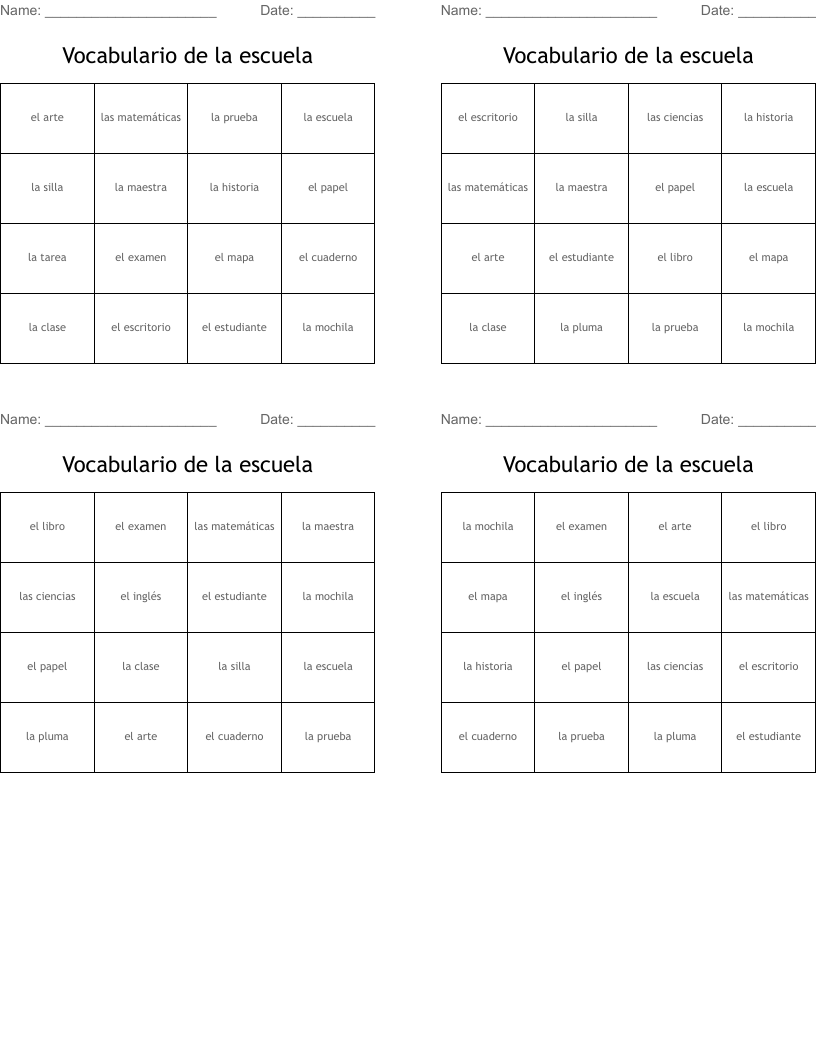 Vocabulario de la escuela Bingo Cards