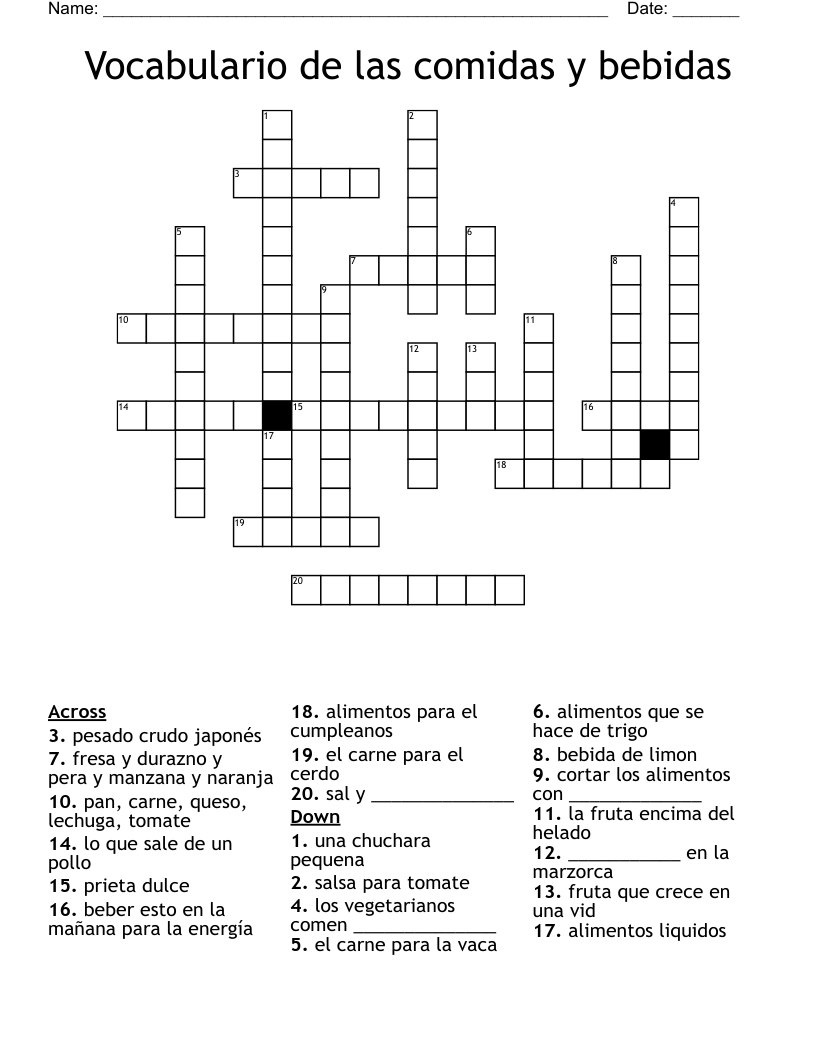 Vocabulario de las comidas y bebidas Crossword