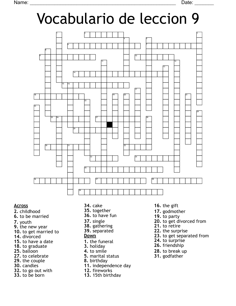 Vocabulario de leccion 9 Crossword