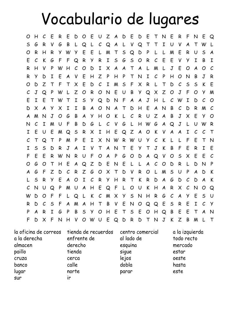 Vocabulario de lugares Word Search