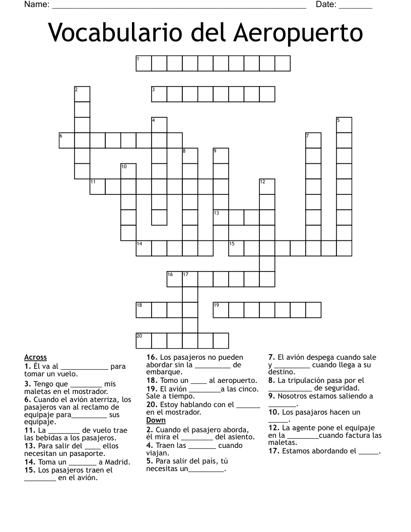 Vocabulario del Aeropuerto Crossword