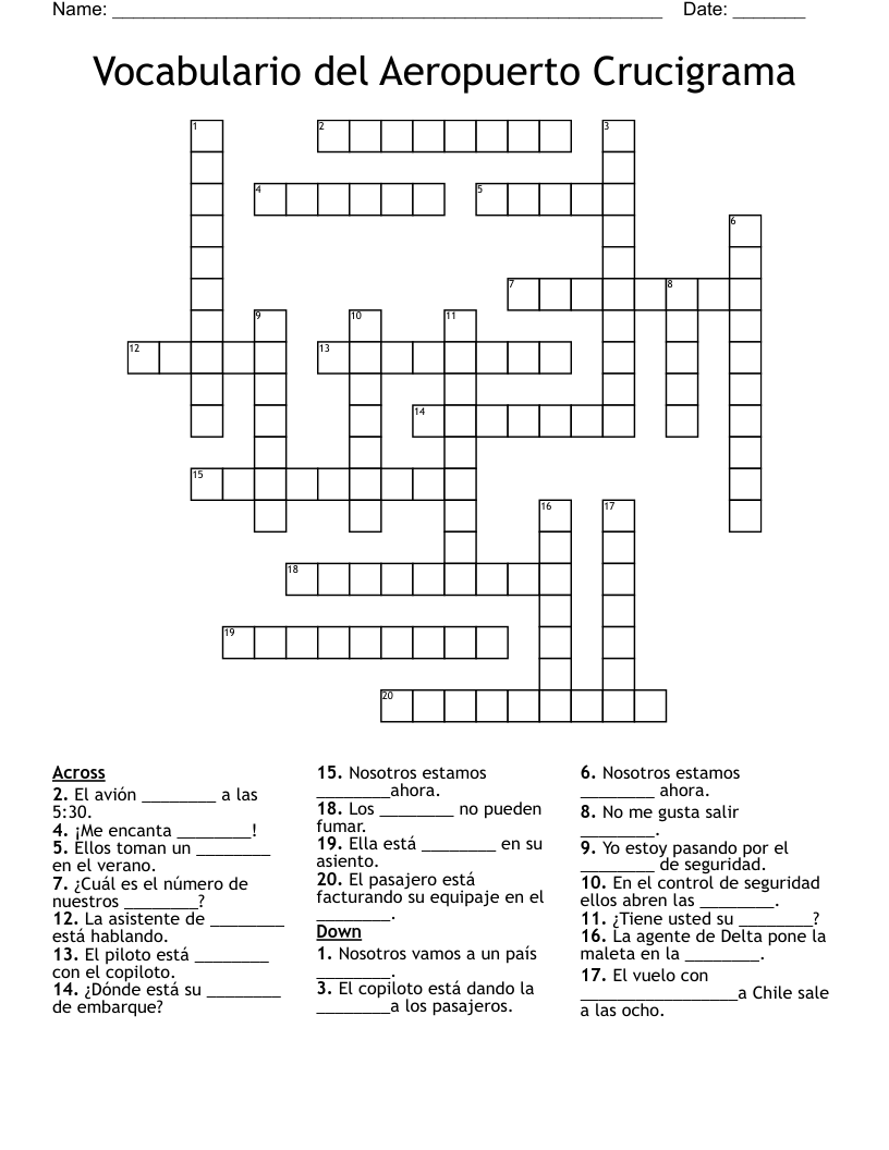 Vocabulario del Aeropuerto Crucigrama Crossword