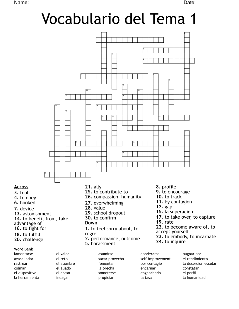 Vocabulario del Tema 1 Crossword