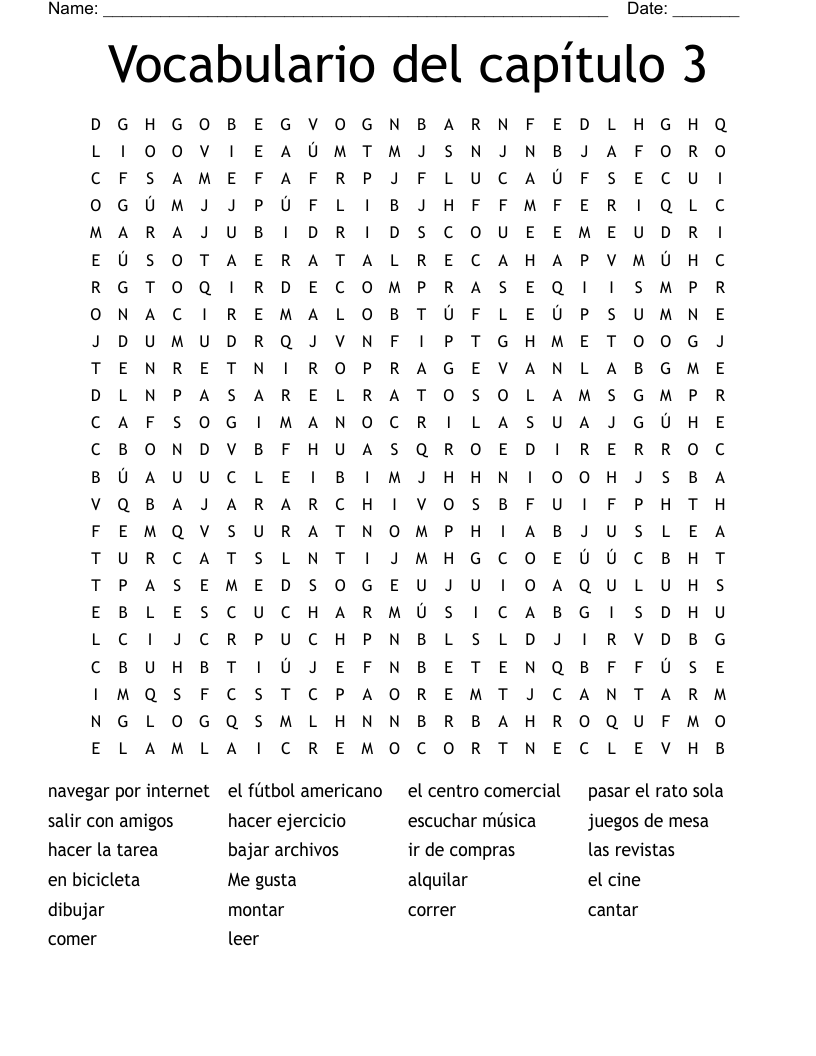 Vocabulario del capítulo 3 Word Search