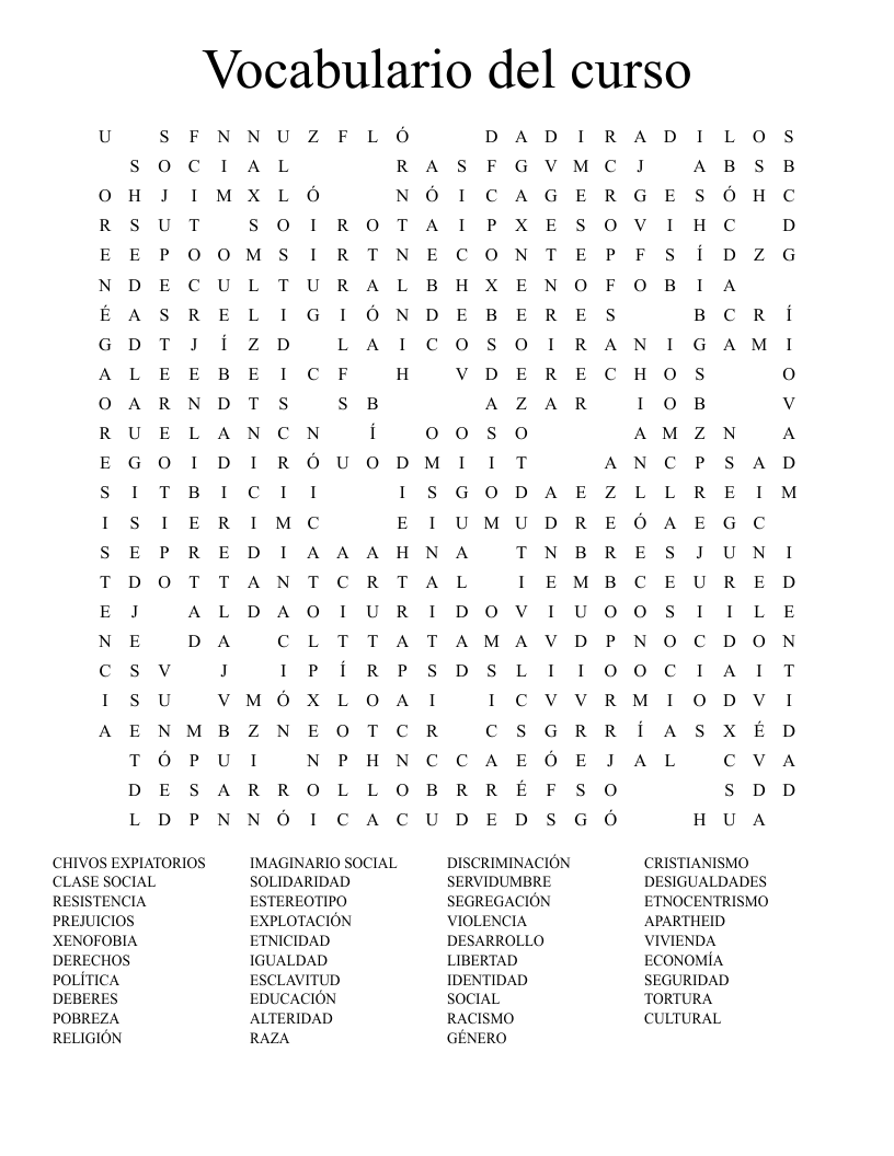 Vocabulario del curso Word Search