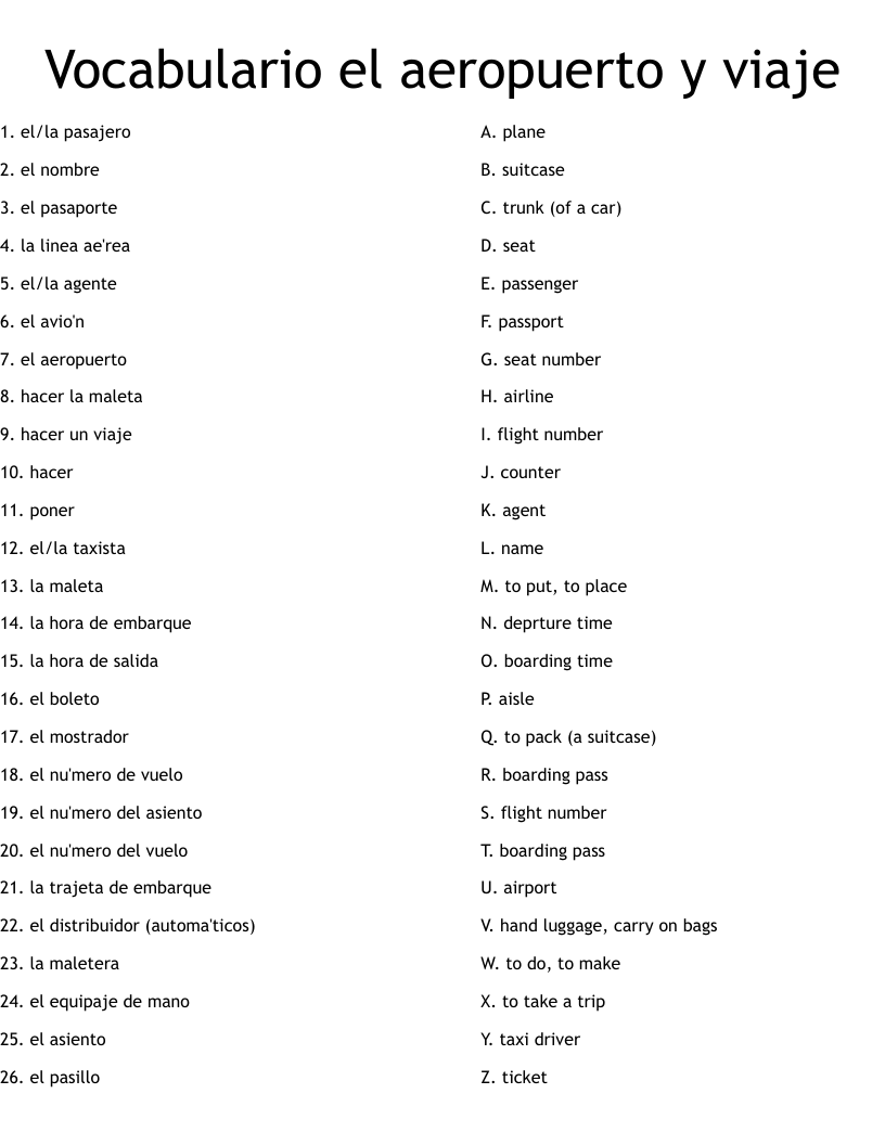 Vocabulario el aeropuerto y viaje Worksheet