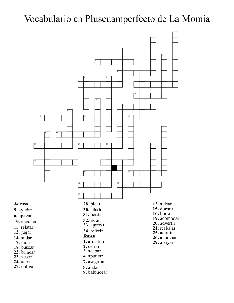 Vocabulario en Pluscuamperfecto de La Momia Crossword