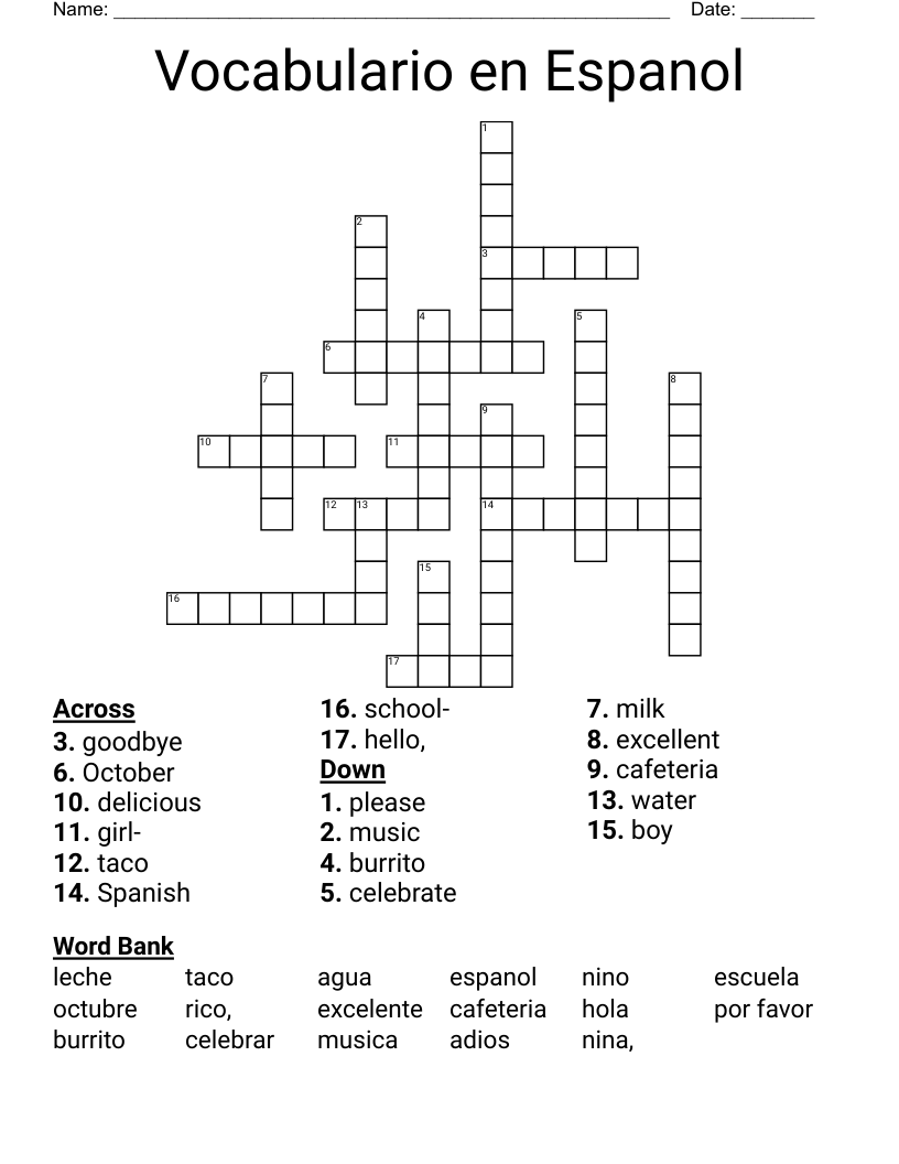 Vocabulario en  Espanol Crossword