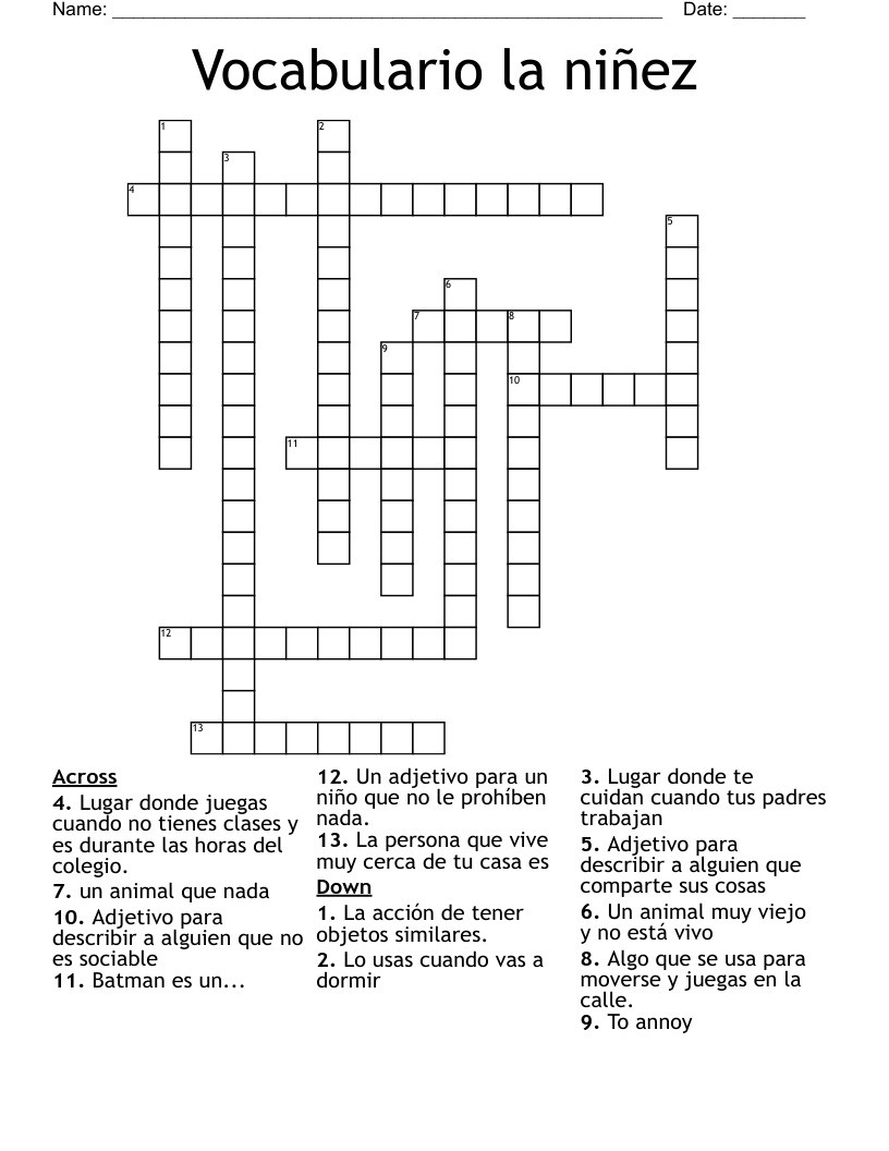 Vocabulario la niñez Crossword