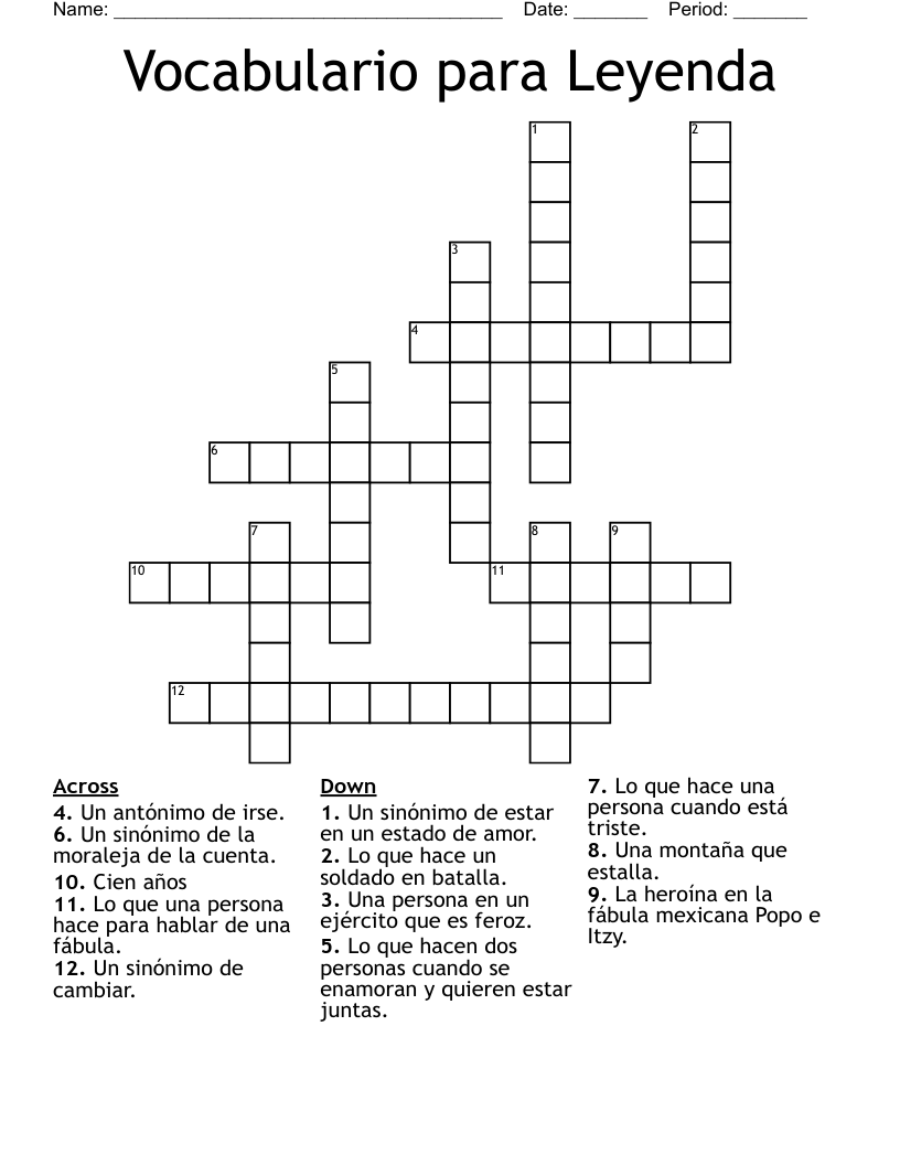 Vocabulario para Leyenda Crossword