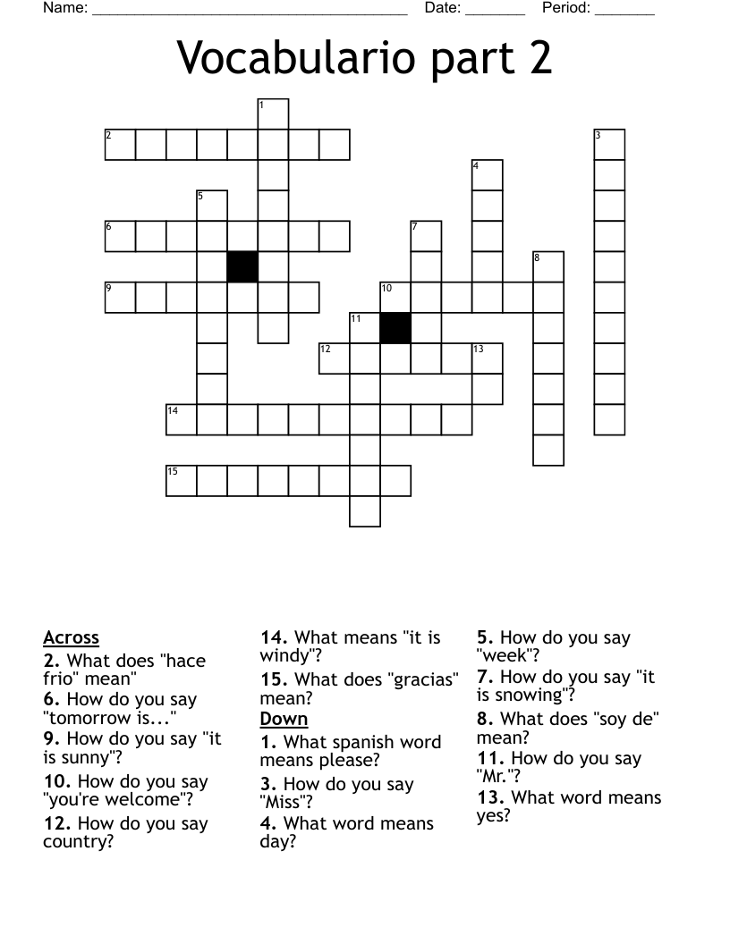 Vocabulario part 2 Crossword
