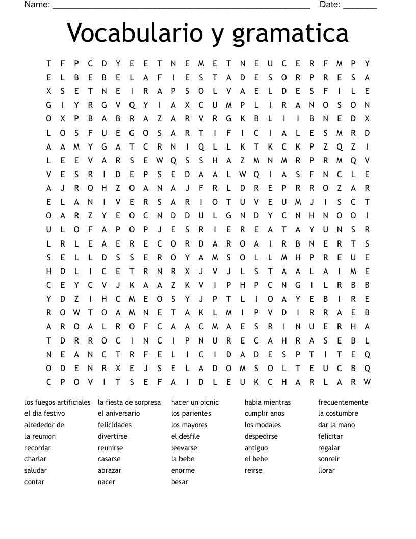 Vocabulario y gramatica Word Search