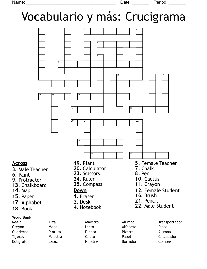 Vocabulario y más: Crucigrama Crossword