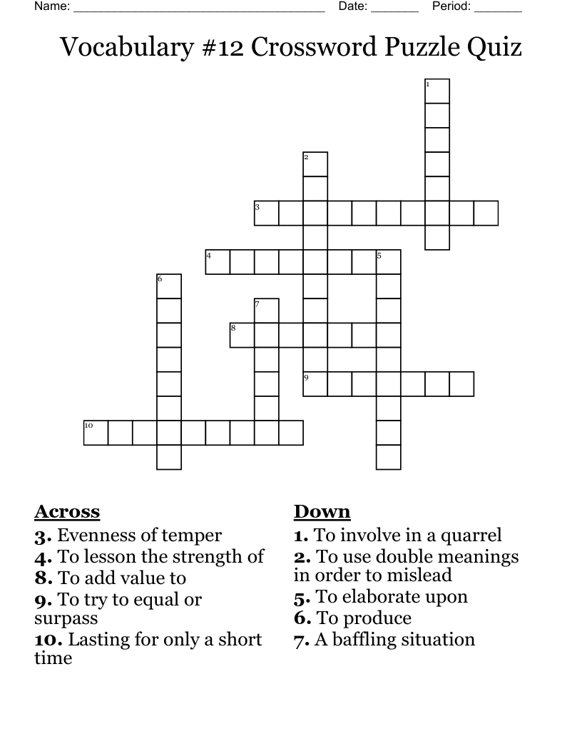 Vocabulary #12 Crossword Puzzle Quiz