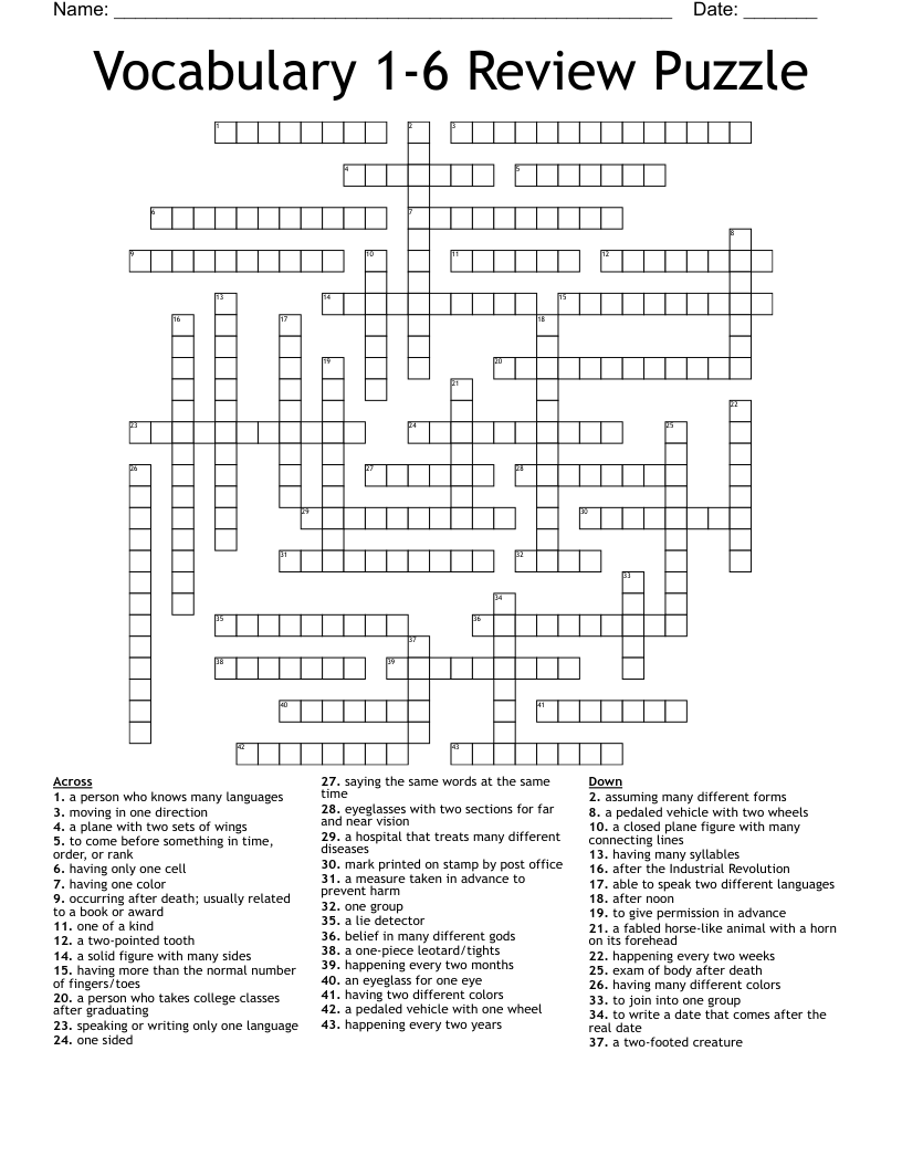 Vocabulary 1-6 Review Puzzle Crossword