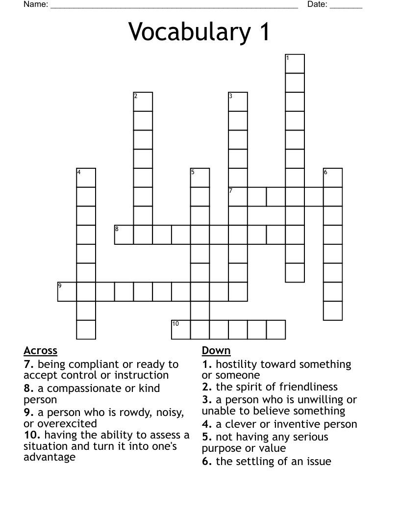 Vocabulary 1 Crossword