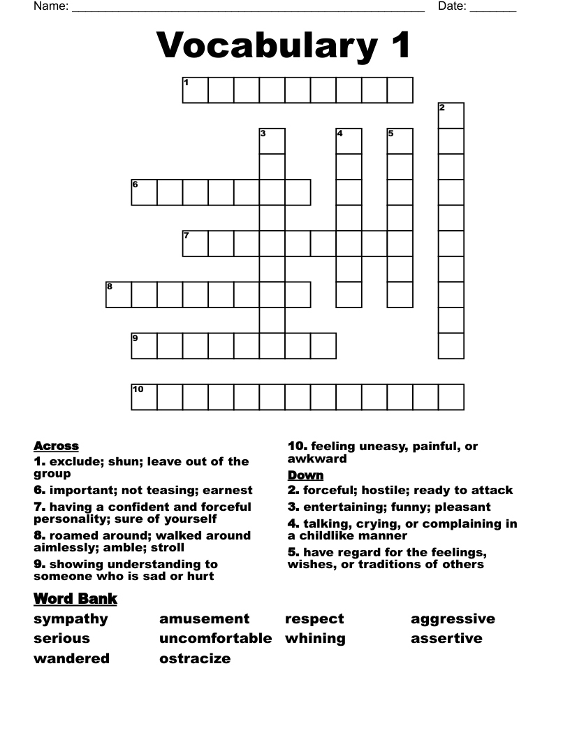 Vocabulary 1 Crossword
