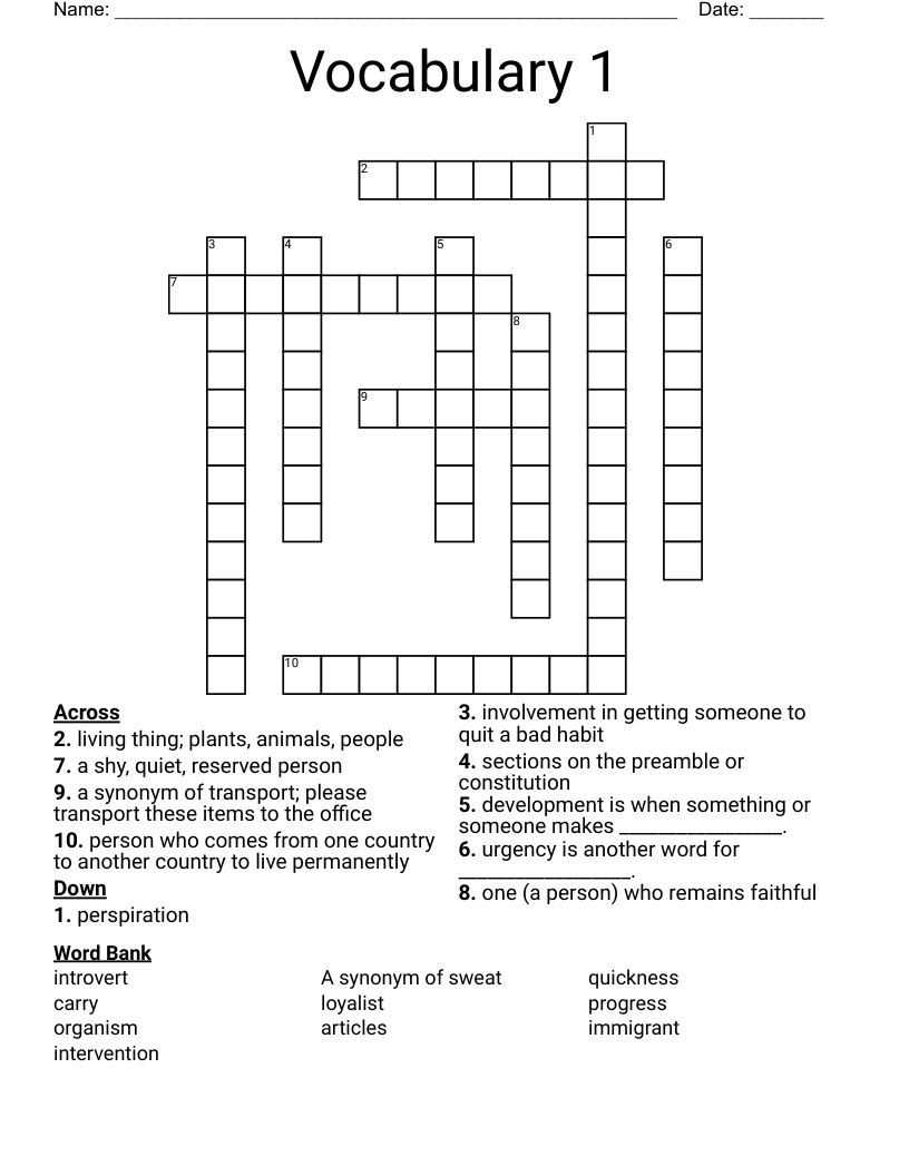 Vocabulary 1 Crossword