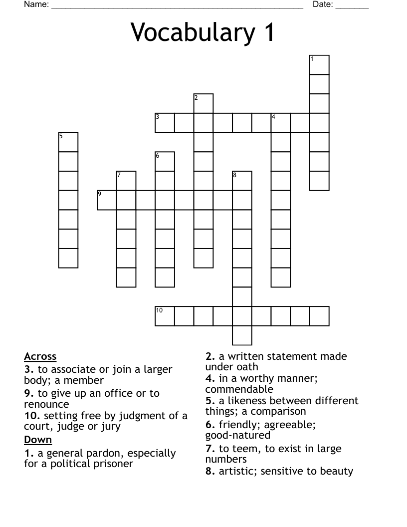 Vocabulary 1 Crossword