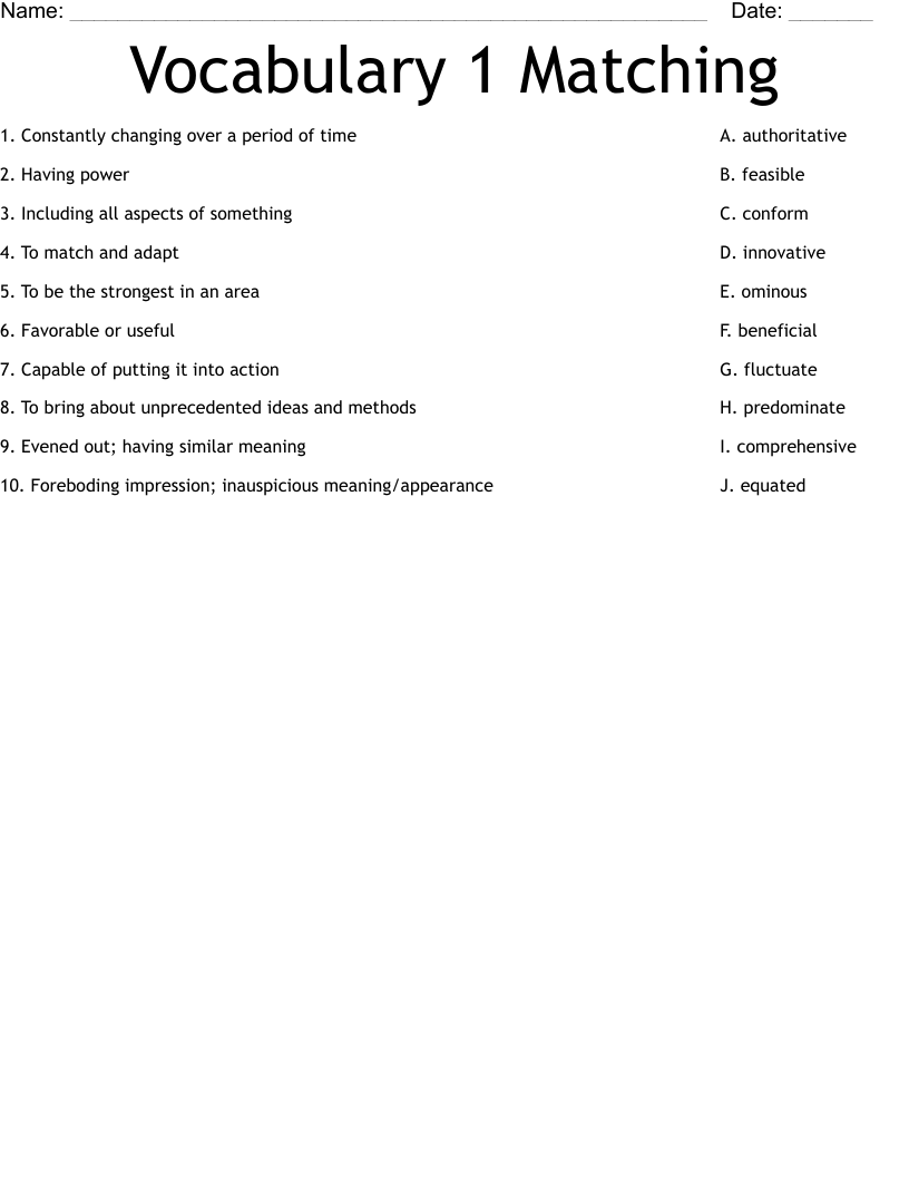 Vocabulary 1 Matching Worksheet