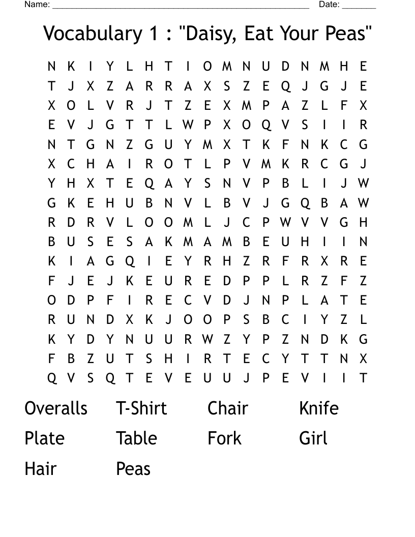 Vocabulary 1 : "Daisy, Eat Your Peas" Word Search