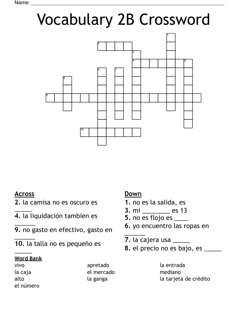 Vocabulary 2B Crossword 