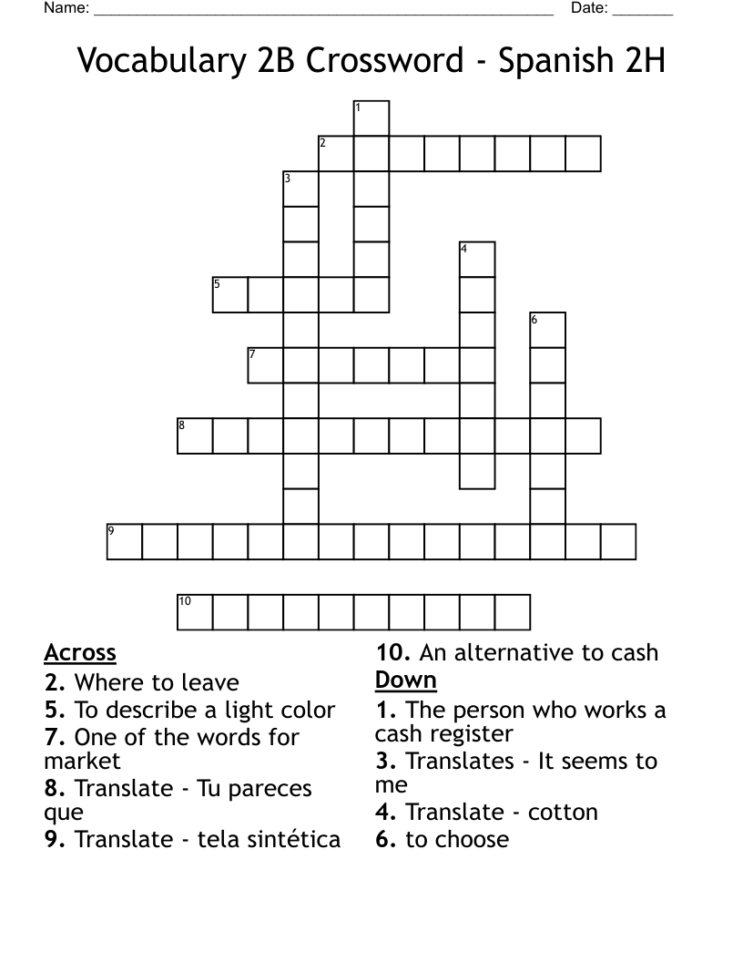 Vocabulary 2B Crossword - Spanish 2H
