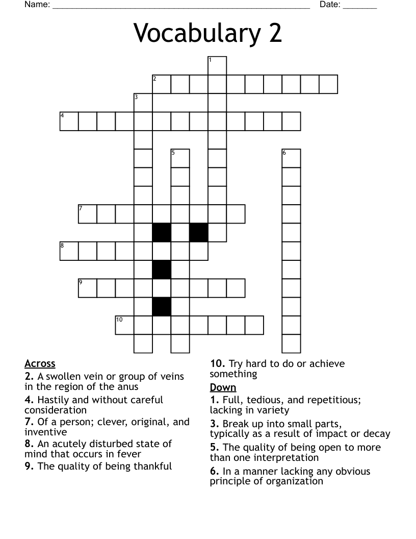 Vocabulary 2 Crossword