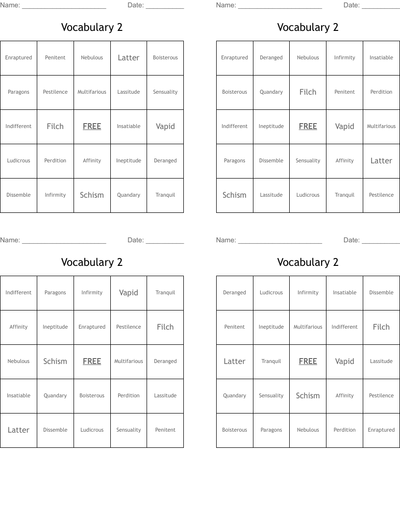 Vocabulary 2 Bingo Cards