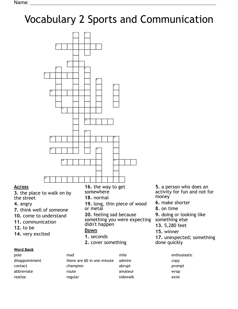 Vocabulary 2 Sports and Communication Crossword