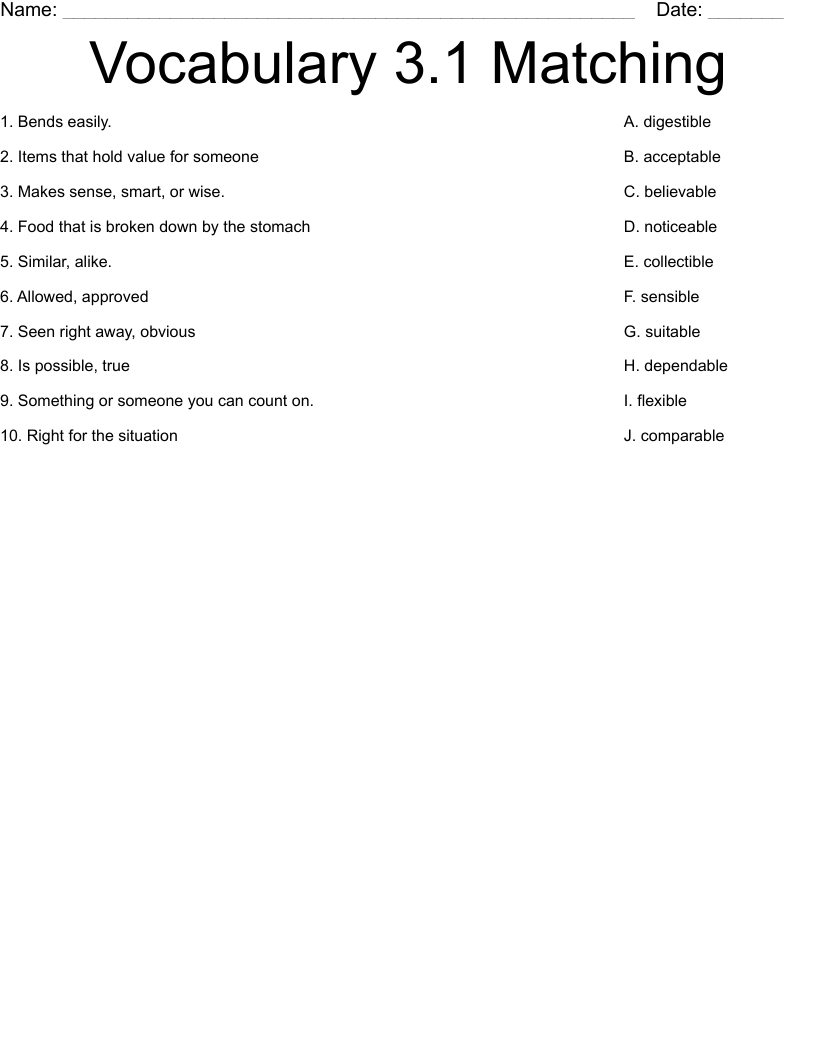 Vocabulary 3.1 Matching Worksheet