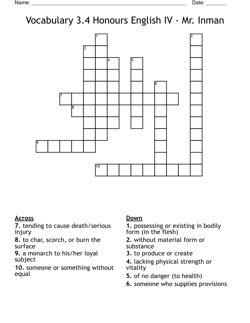 Vocabulary 3.4 Honours English IV - Mr. Inman Crossword