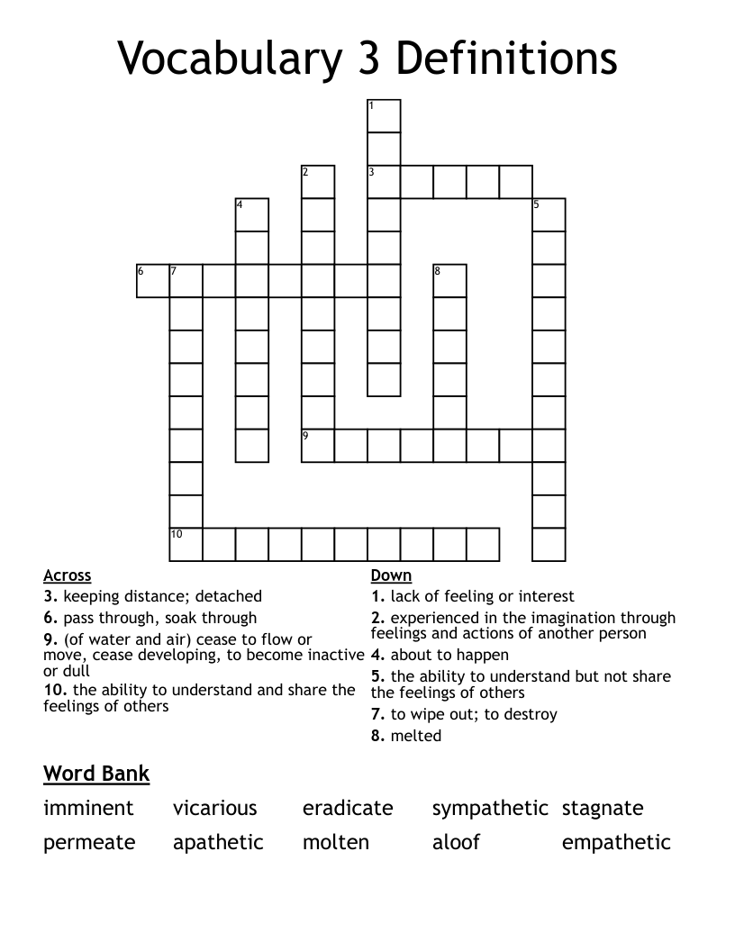 Vocabulary 3 Definitions Crossword