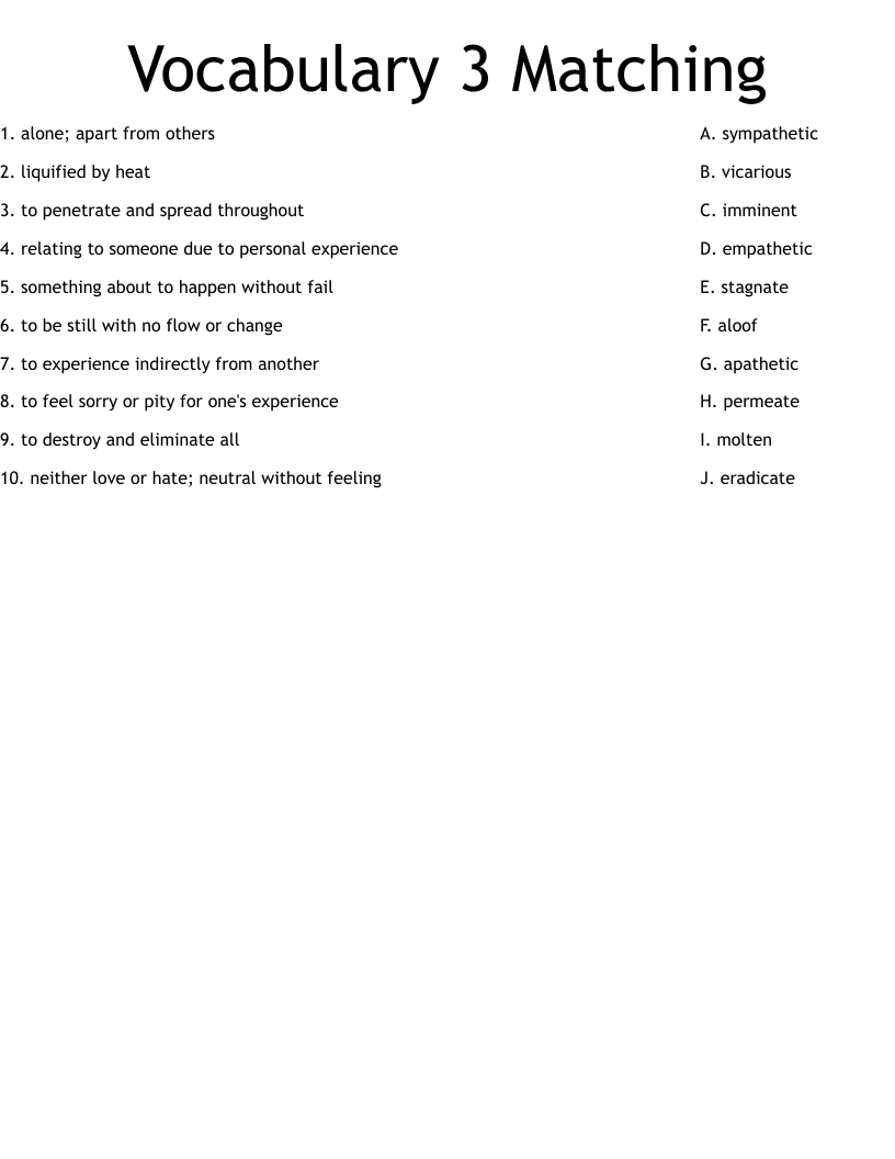 Vocabulary 3 Matching Worksheet