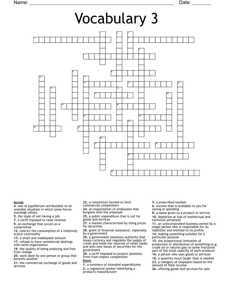 Vocabulary 3  Crossword