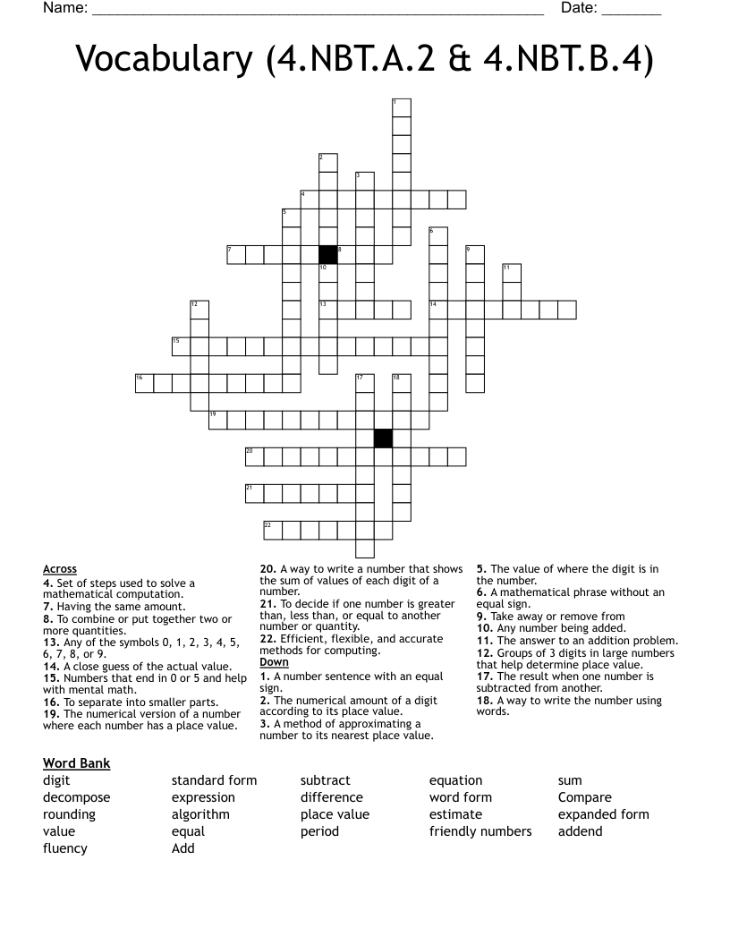 Vocabulary (4.NBT.A.2 & 4.NBT.B.4) Crossword