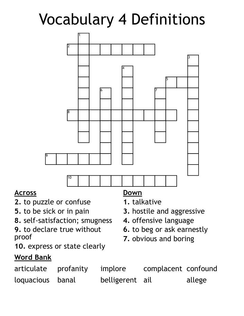 Vocabulary 4 Definitions Crossword