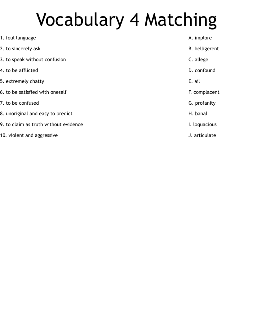 Vocabulary 4 Matching Worksheet