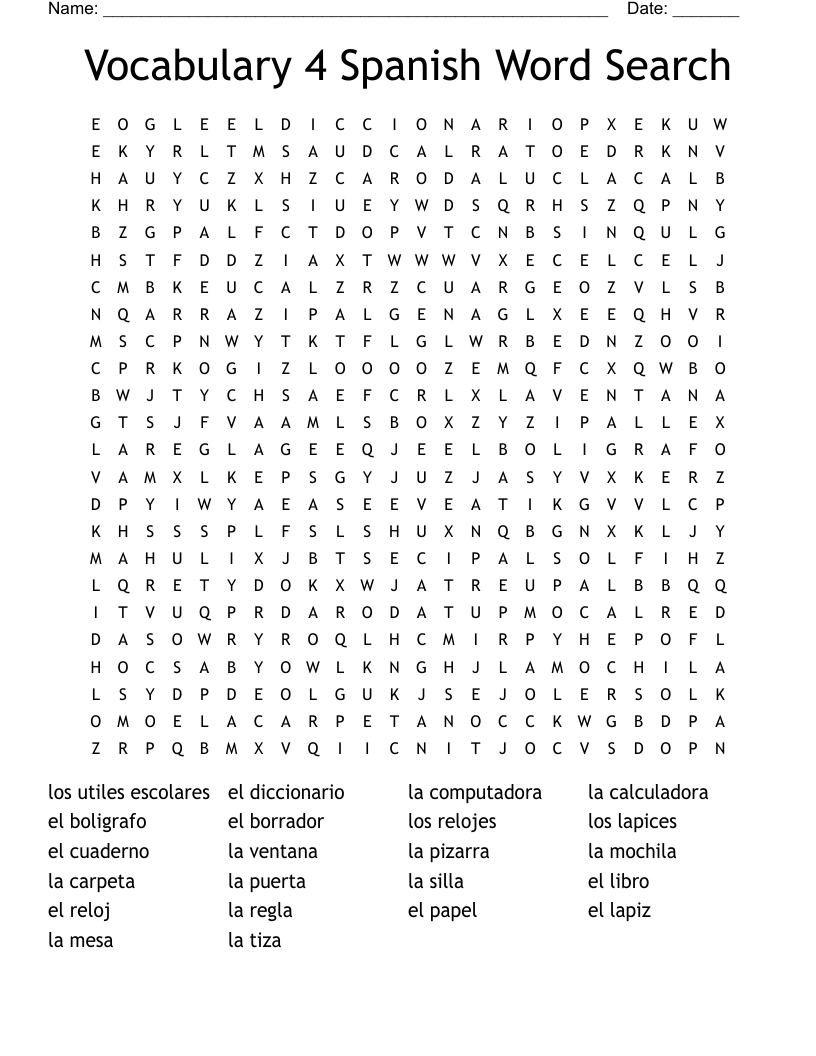 Vocabulary 4 Spanish Word Search