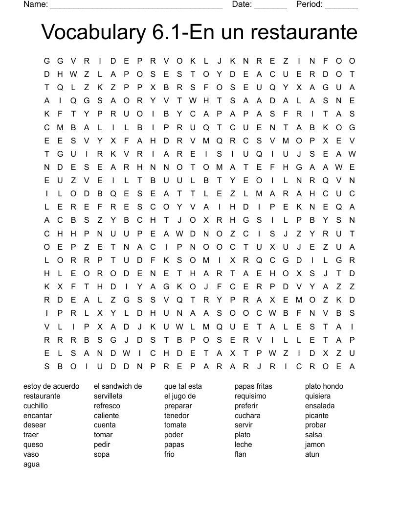 Vocabulary 6.1-En un restaurante Word Search